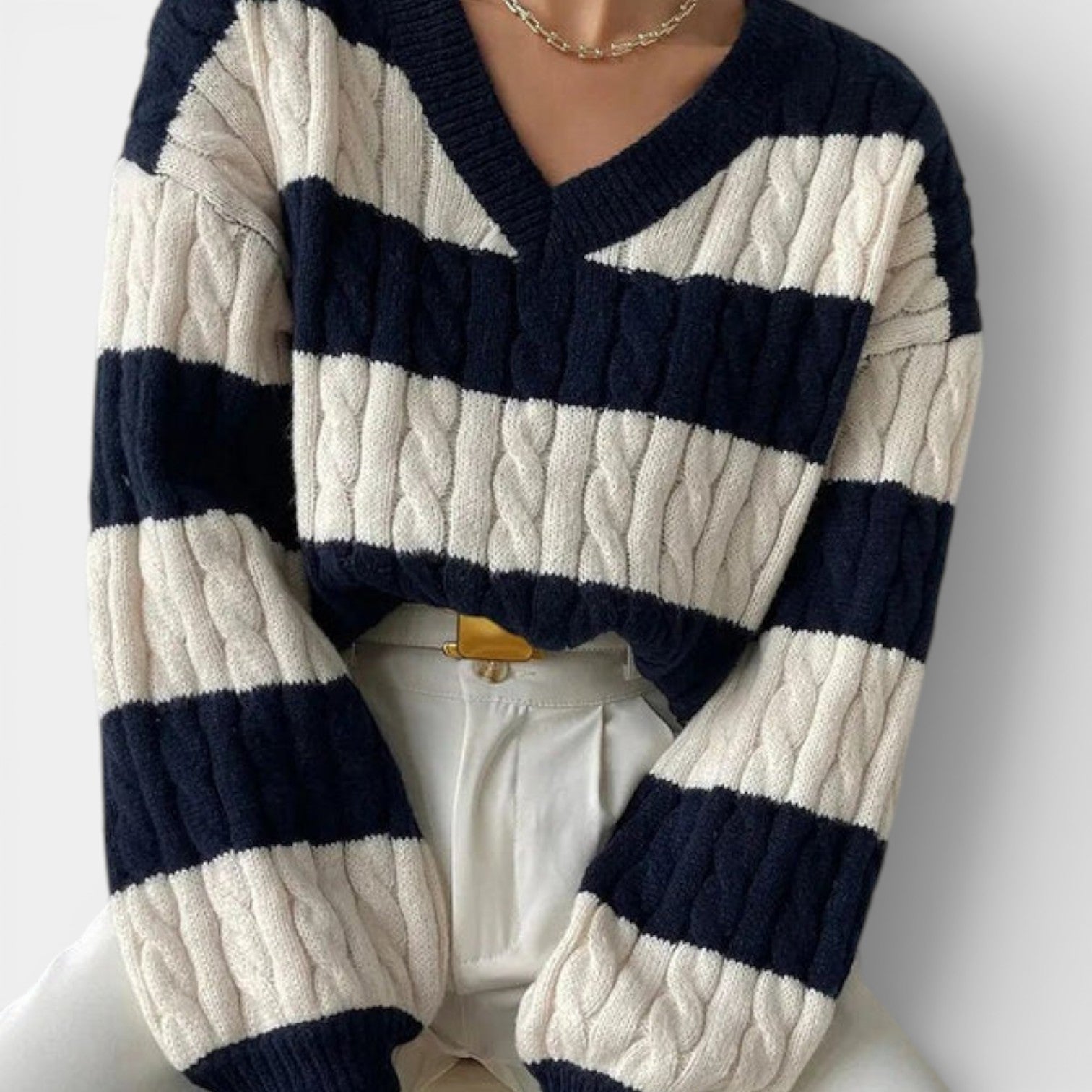 Tereza | Pruhovaný pletený svetr s výstřihem do V