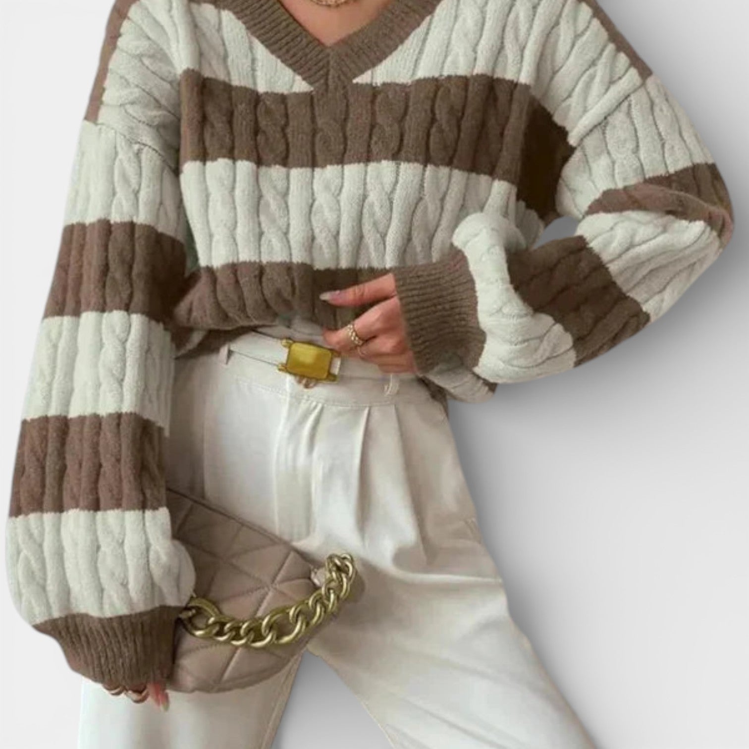 Tereza | Pruhovaný pletený svetr s výstřihem do V