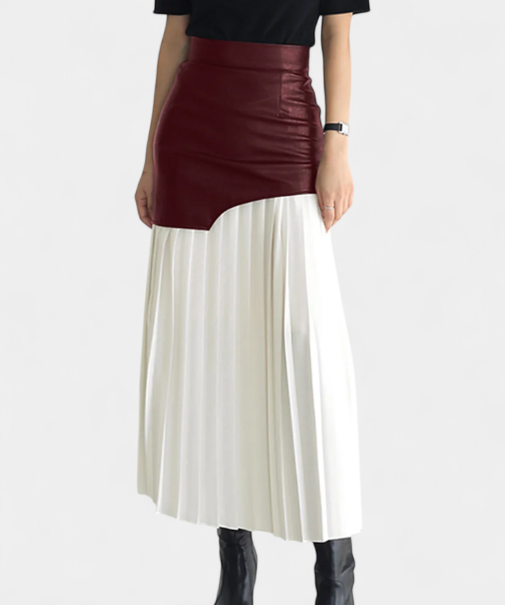 Noelle | Asymetrická maxi sukně z šifonu a syntetické kůže